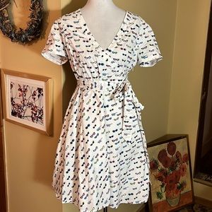 BODEN Size 12 R Wrap-Dress VNeck ShortSleeve Cotton Sunglasses Print Kitsch
